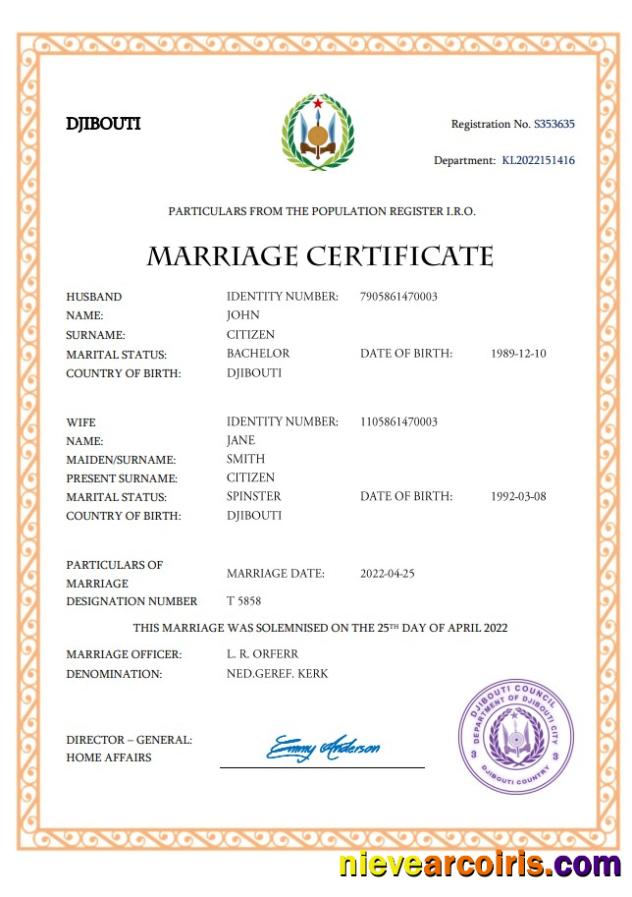Djibouti marriage certificate